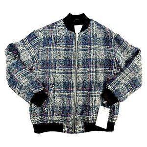 Avec Les Filles Womens Plaid Tweed Bomber Jacket XS Wool Blend Blue/Gray NWT